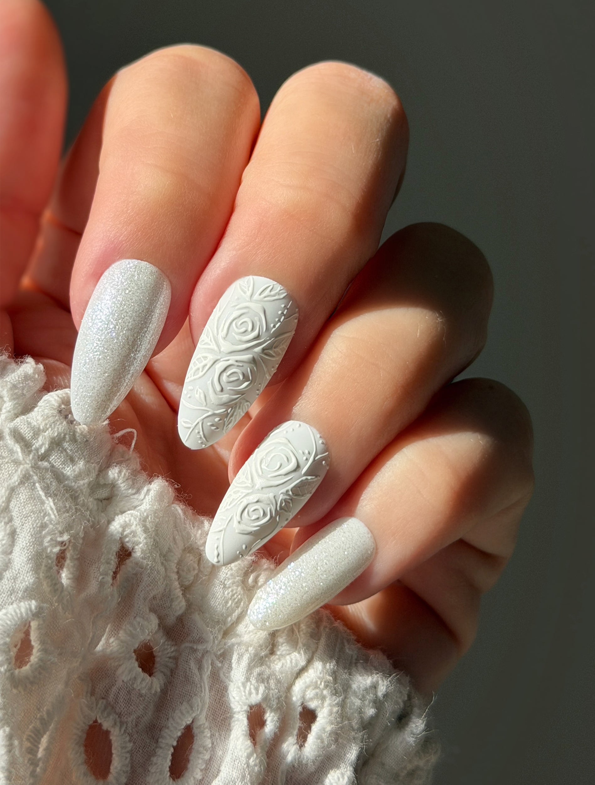 Matte White 3D Rose Almond Nails — Winter Acrylic Nails