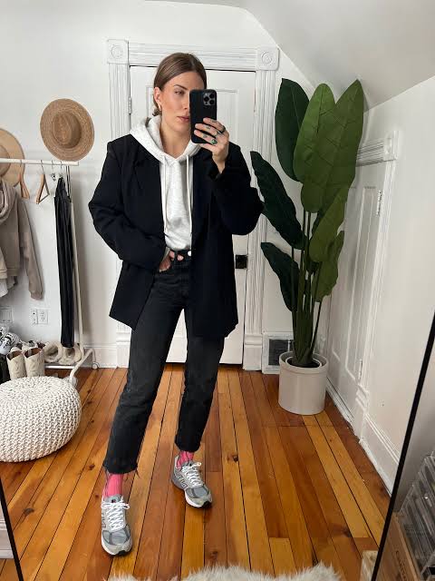 Grey Hoodie Under a Black Blazer for Smart Casual — Hoodie Outfits