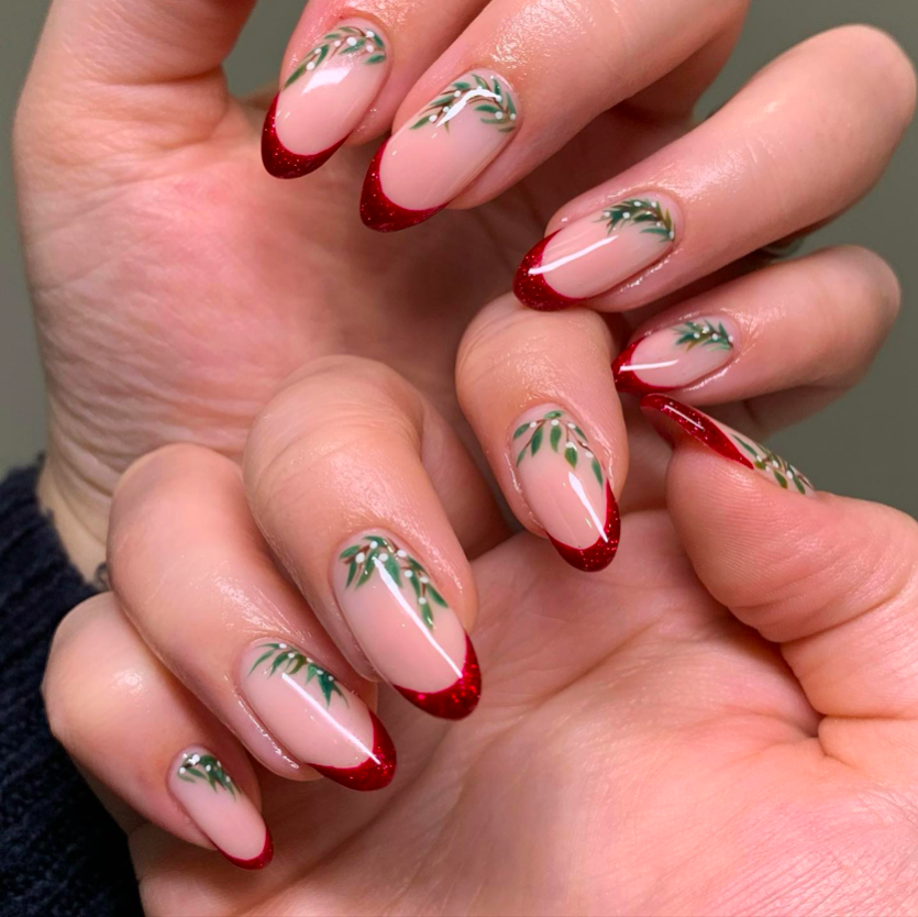 Glossy With Glitter On French Tips Visual Idea Glossy With Glitter On French Tips Visual Idea β Red and Green Christmas Nails 2026