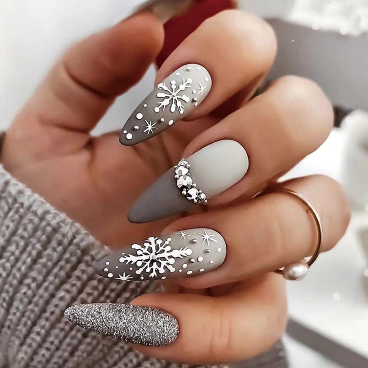 Matte Grey Snowflake Rhinestone Stilettos Matte Grey Snowflake Rhinestone Stilettos β Winter Rhinestone Nails