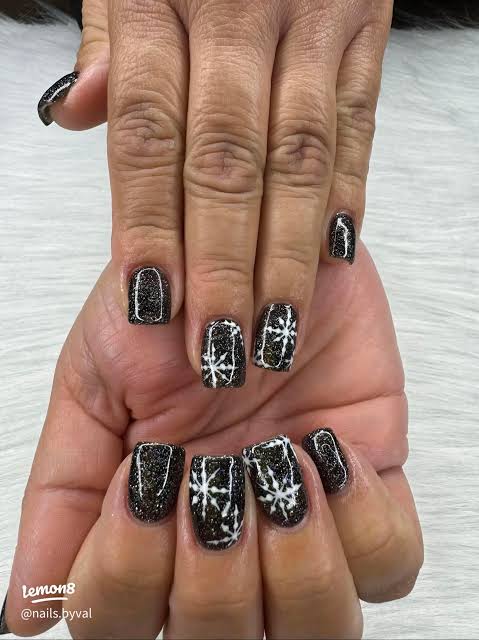 Black Glitter With White Details Visual Idea — Winter Black Nails