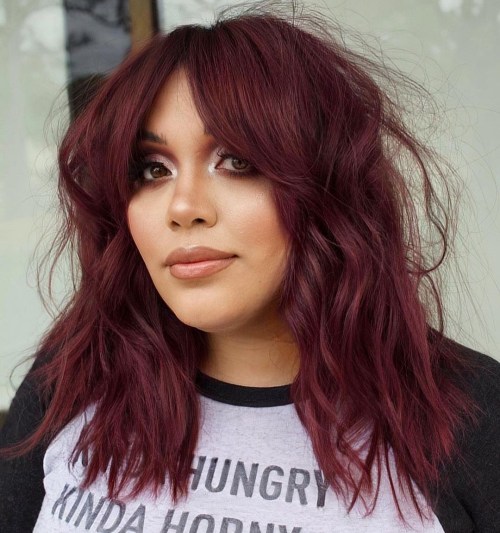 Deep Burgundy Red Shag With Full Bangs Deep Burgundy Red Shag With Full Bangs β Winter Red Hair Colors