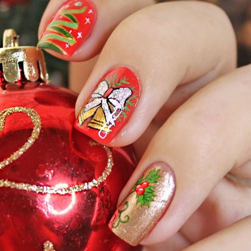 Vibrant Red with Detailed Bell Art Vibrant Red with Detailed Bell Art β Christmas Nail Art 2026