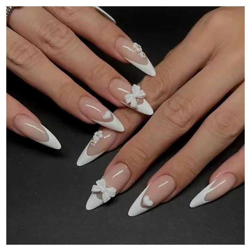 Short Pointed Almond with 3D Hearts and Bows Short Pointed Almond with 3D Hearts and Bows β Coquette Winter Nails