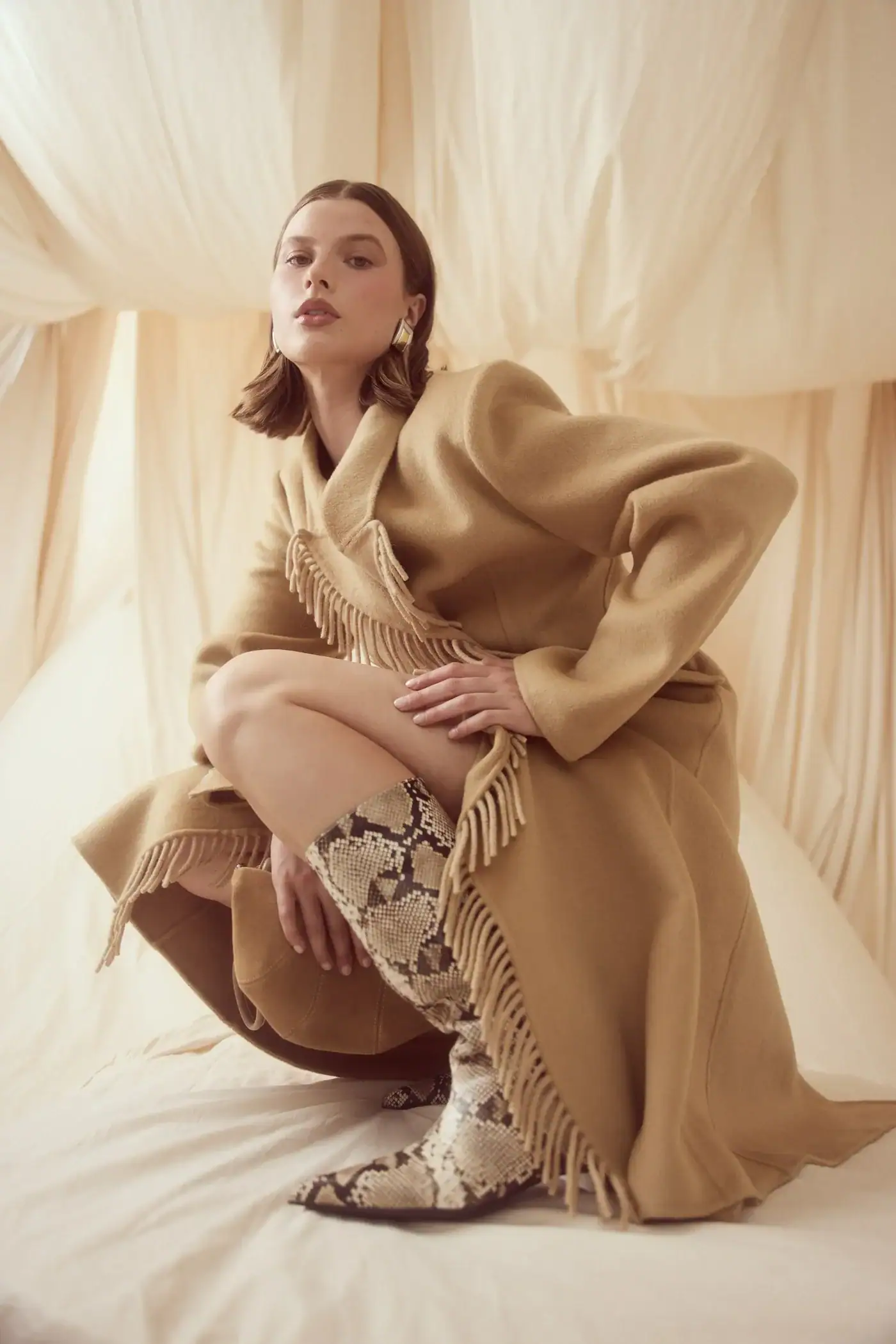 Flowing Camel Coat with Fringe and Snakeskin Boots — Winter Coats for Women