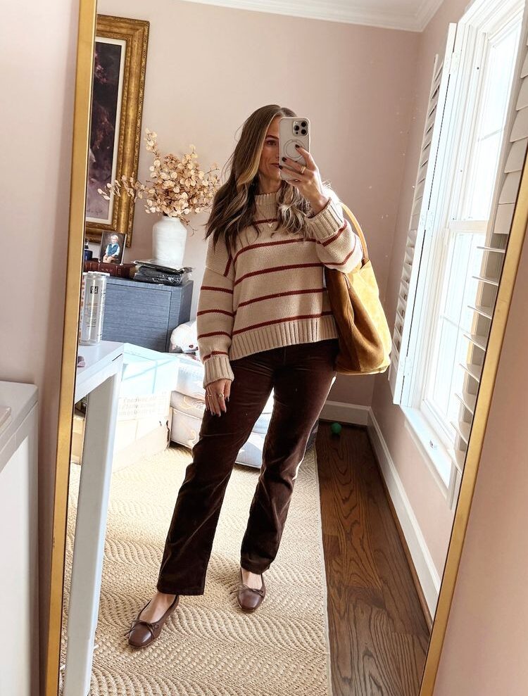 Striped Knit Sweater with Velvet Pants and Ballet Flats — January Outfits