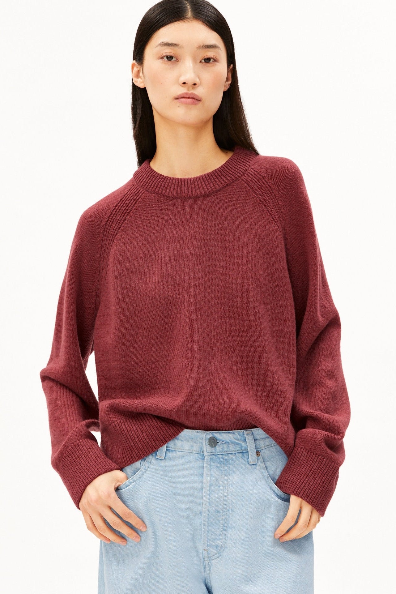 Cozy Knitwear: Burgundy Sweater with Straight Leg Jeans — Late Winter Outfits