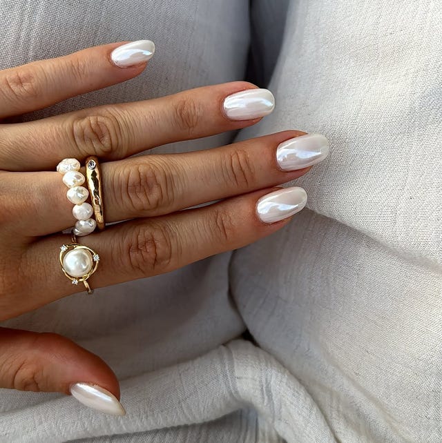 Pearlescent Milky White with Gold Rings — Holiday Nail Colors 2026