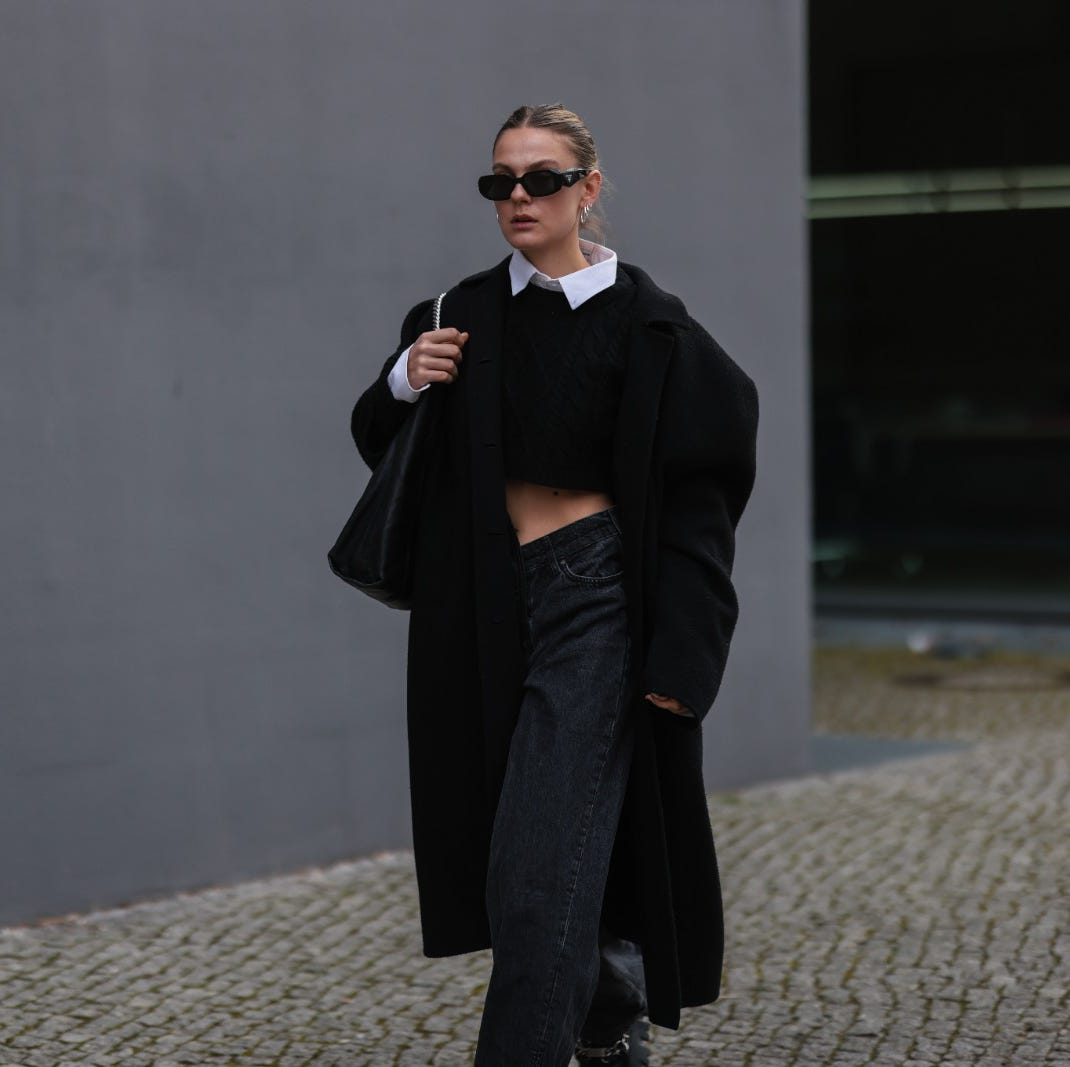 Edgy Winter Layers: Cropped Knit Meets Long Coat — Europe Winter Outfits