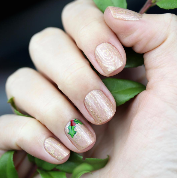 Understated Nude with Holly Sprig Accent Understated Nude with Holly Sprig Accent β Christmas Nail Art 2026