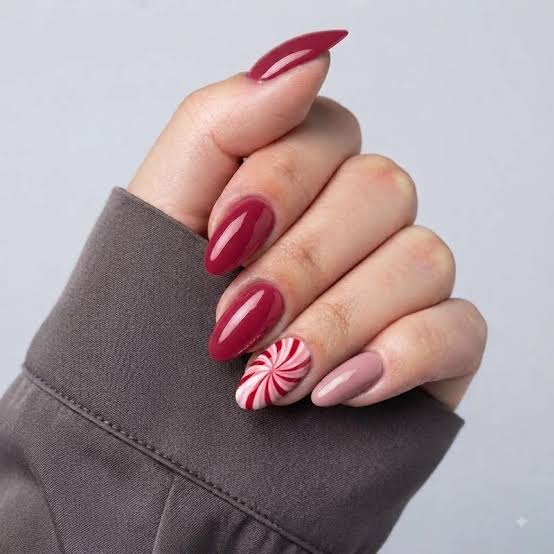 Medium Almond Candy Cane Swirl Medium Almond Candy Cane Swirl β Wine Christmas Nails 2026