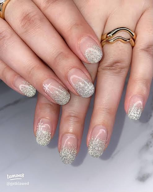Nude Glitter French with Snowflake Accent — Winter Glitter Nails