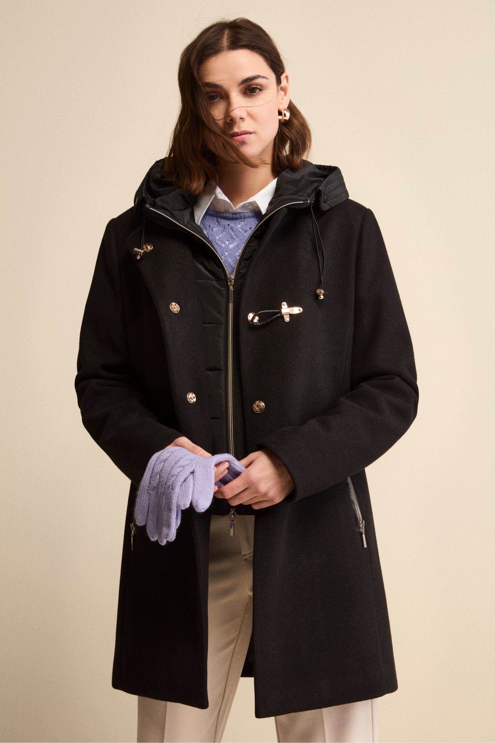 Black Duffle Coat with Purple Gloves and Loafers — Wool Coat Outfits