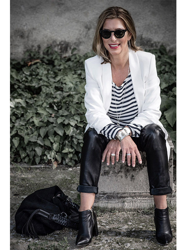 Black Leather Pants with Rolled Cuffs, Striped Top, White Blazer, and Ankle Boots — Leather Pants Outfits