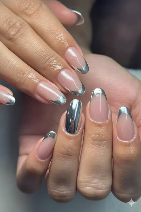 Visual Idea β The Base Color Is A Sheer Pink Visual Idea β The Base Color Is A Sheer Pink β Silver Chrome Nails