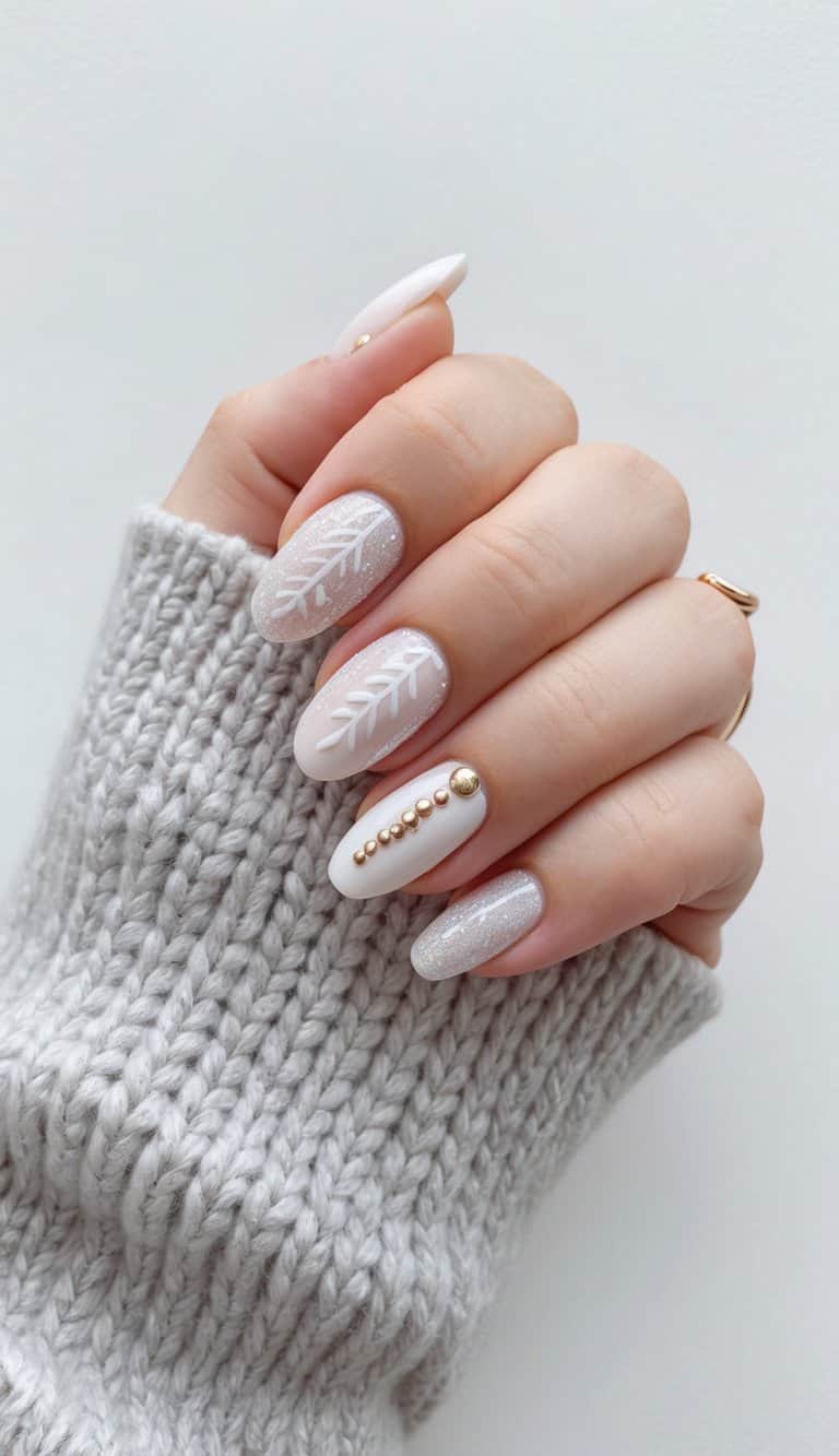 Off-White Matte Leaf & Bead Nails — Cozy Winter Nails