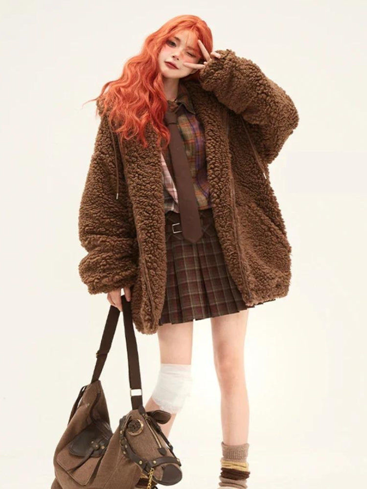 Teddy Fleece Coat with Plaid Shirt and Mini Skirt Teddy Fleece Coat with Plaid Shirt and Mini Skirt β Baddie Winter Outfits