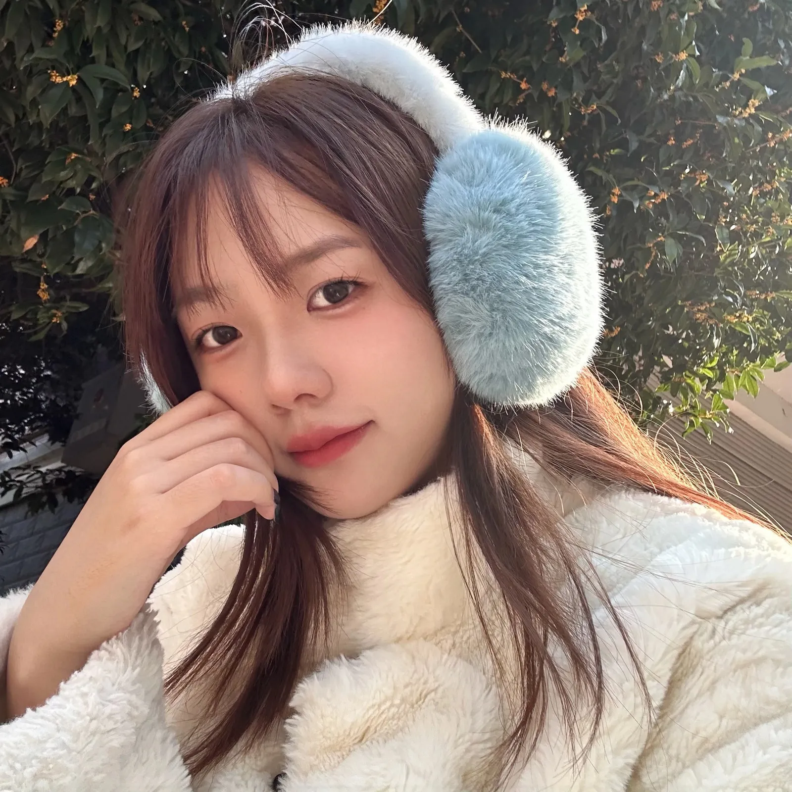 Sky Blue Fuzzy Earmuffs with a White Fuzzy Jacket Sky Blue Fuzzy Earmuffs with a White Fuzzy Jacket β Earmuffs Outfits