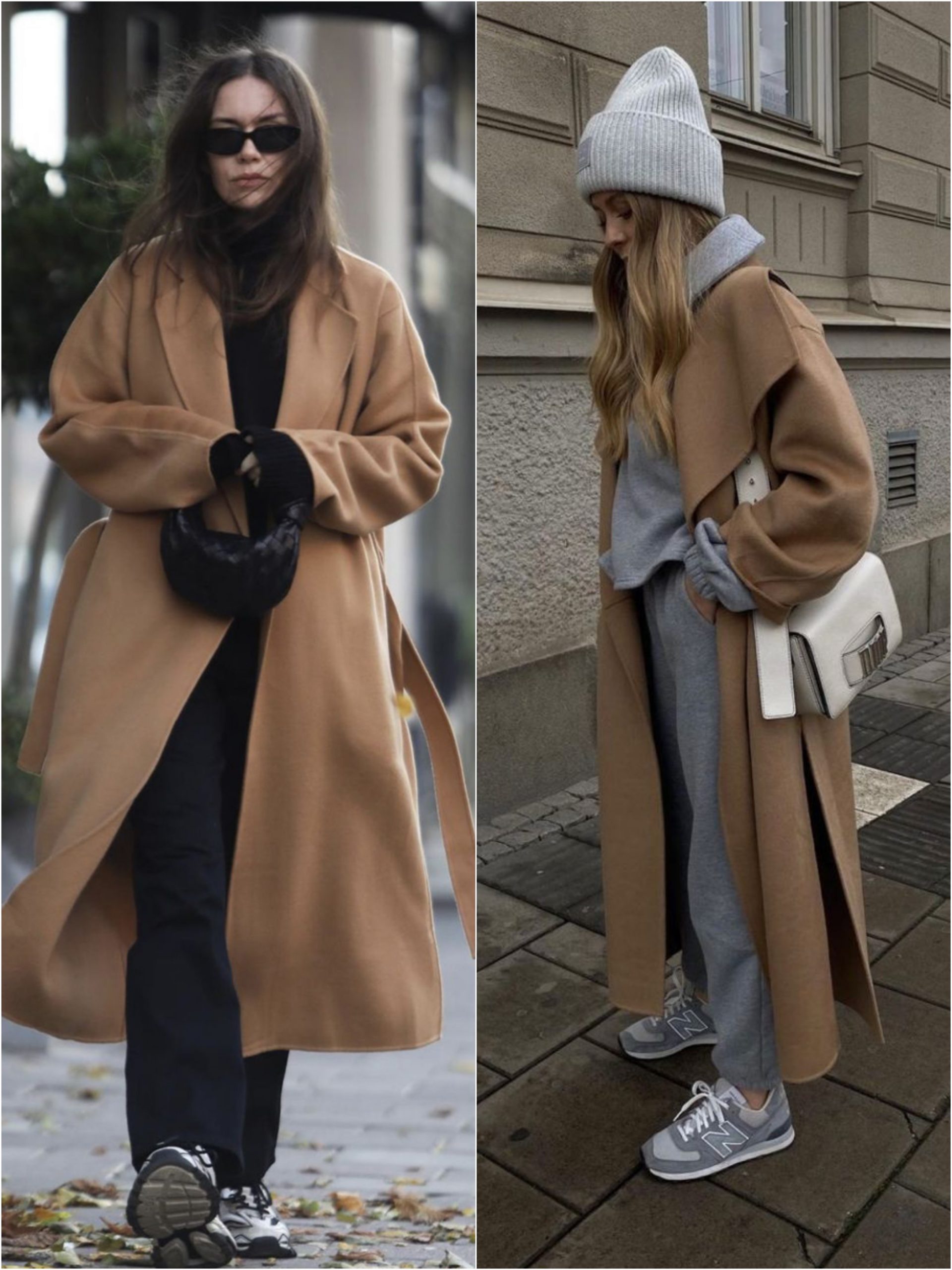 Monochromatic Base with a Statement Camel Coat and Grey Sneakers — Winter Outfits with Sneakers