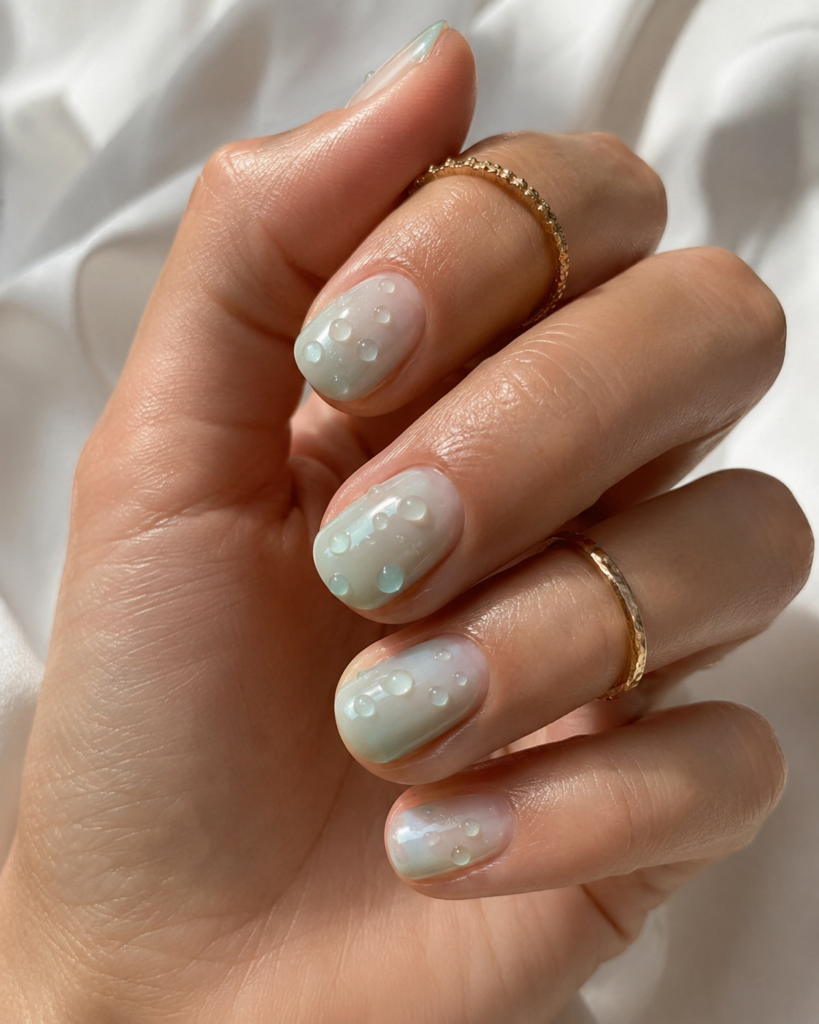 Pale Blue White Gradient Water Droplet Nails — Short Winter Gel Nails