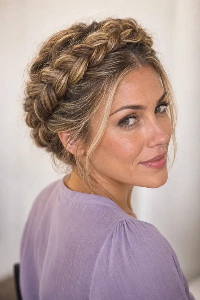 Honey Blonde Braided Crown With Wispy Bangs Honey Blonde Braided Crown With Wispy Bangs β Winter Braided Hairstyles