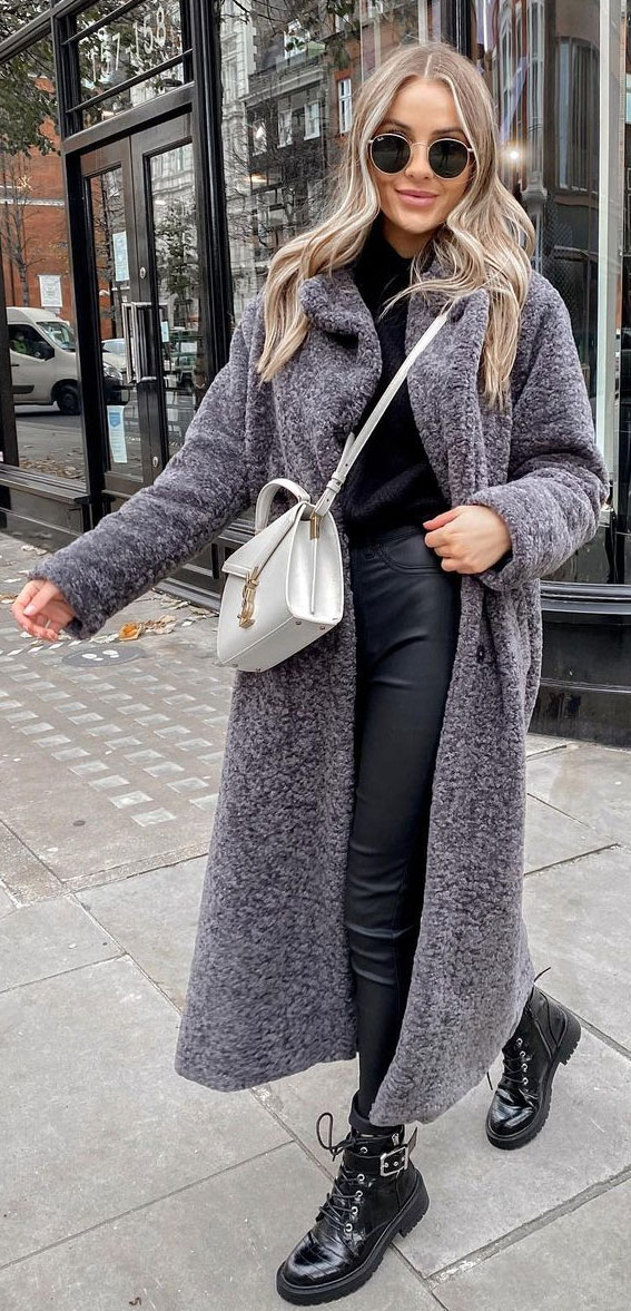 Long Grey Teddy Coat With Combat Boots and Skinny Pants Long Grey Teddy Coat With Combat Boots and Skinny Pants β Teddy Coat Outfits
