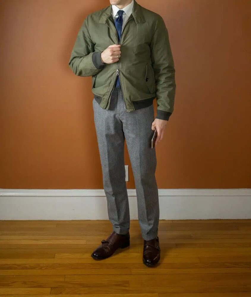 Olive Green Bomber Jacket with Dress Shirt and Tie Olive Green Bomber Jacket with Dress Shirt and Tie β Winter Outfits for Men