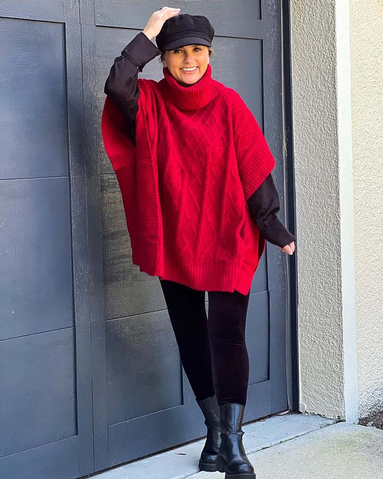 Red Oversized Knit Poncho with Velvet Leggings Red Oversized Knit Poncho with Velvet Leggings β Classy Winter Outfits