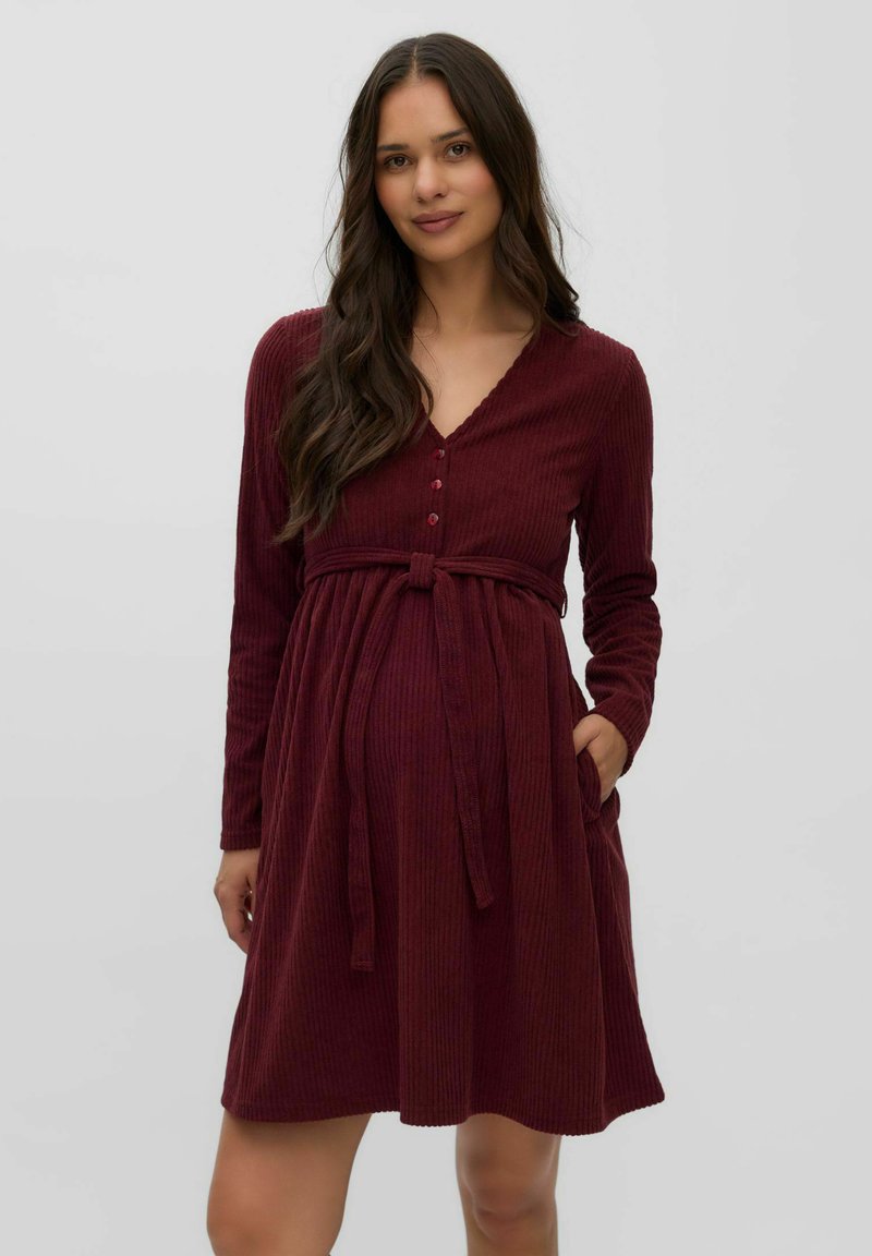 Burgundy Corduroy Maternity Dress with Tie Waist Burgundy Corduroy Maternity Dress with Tie Waist β Winter Maternity Outfits