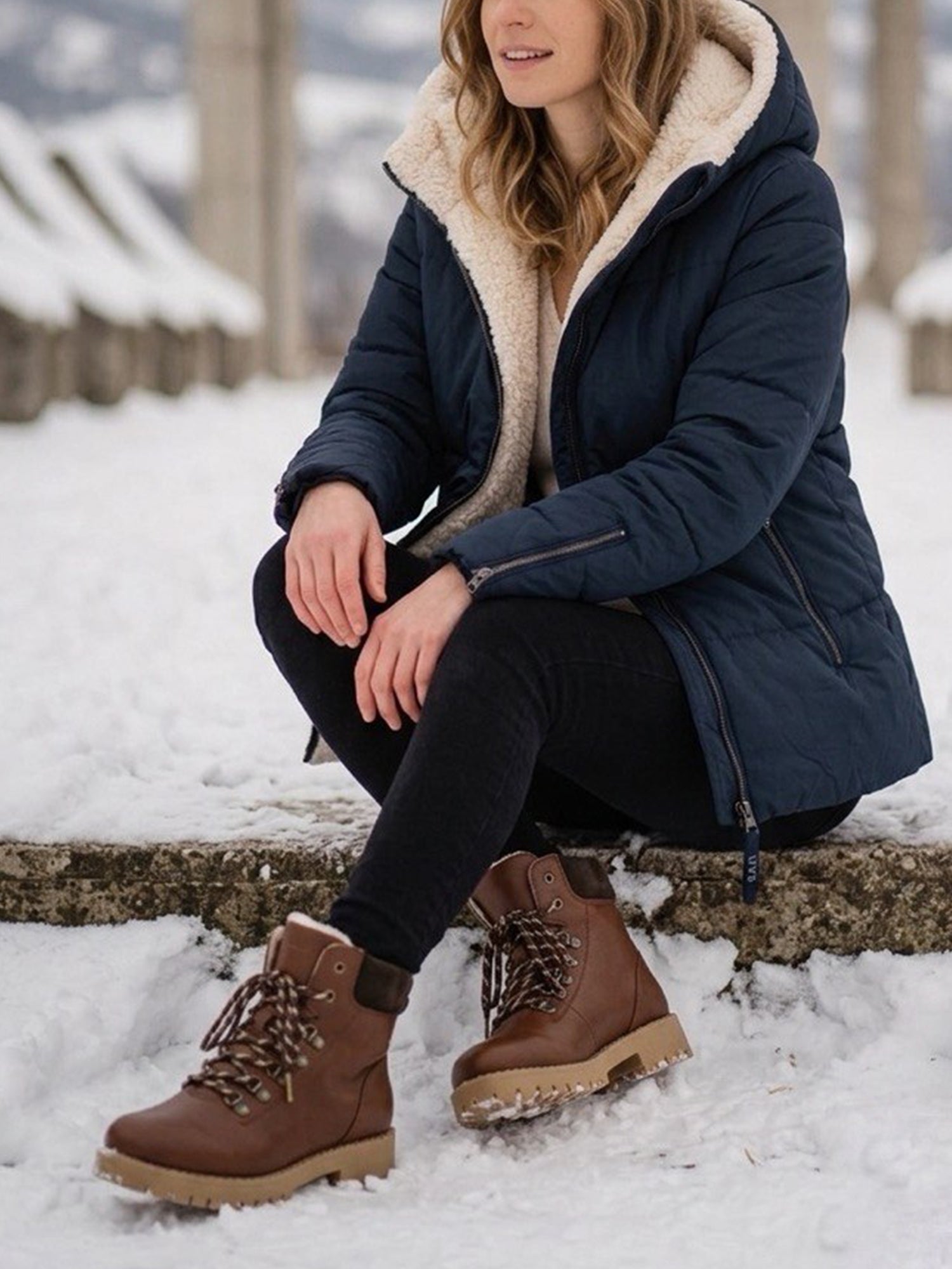 Sherpa-Lined Navy Puffer Coat for Snowy Comfort Sherpa-Lined Navy Puffer Coat for Snowy Comfort β Winter Hiking Outfits