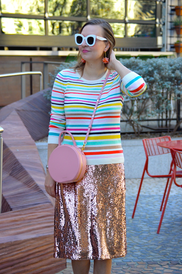 Striped Knit Top with Rose Gold Sequin Skirt Striped Knit Top with Rose Gold Sequin Skirt β Las Vegas Winter Outfits
