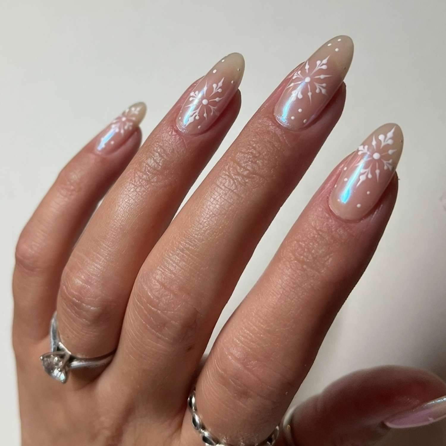 Iridescent Shimmer Snowflake Almonds Iridescent Shimmer Snowflake Almonds β Simple Christmas Nails 2026