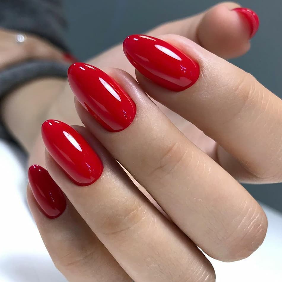 Vibrant Glossy Red Medium Oval Nails — Winter Red Nails