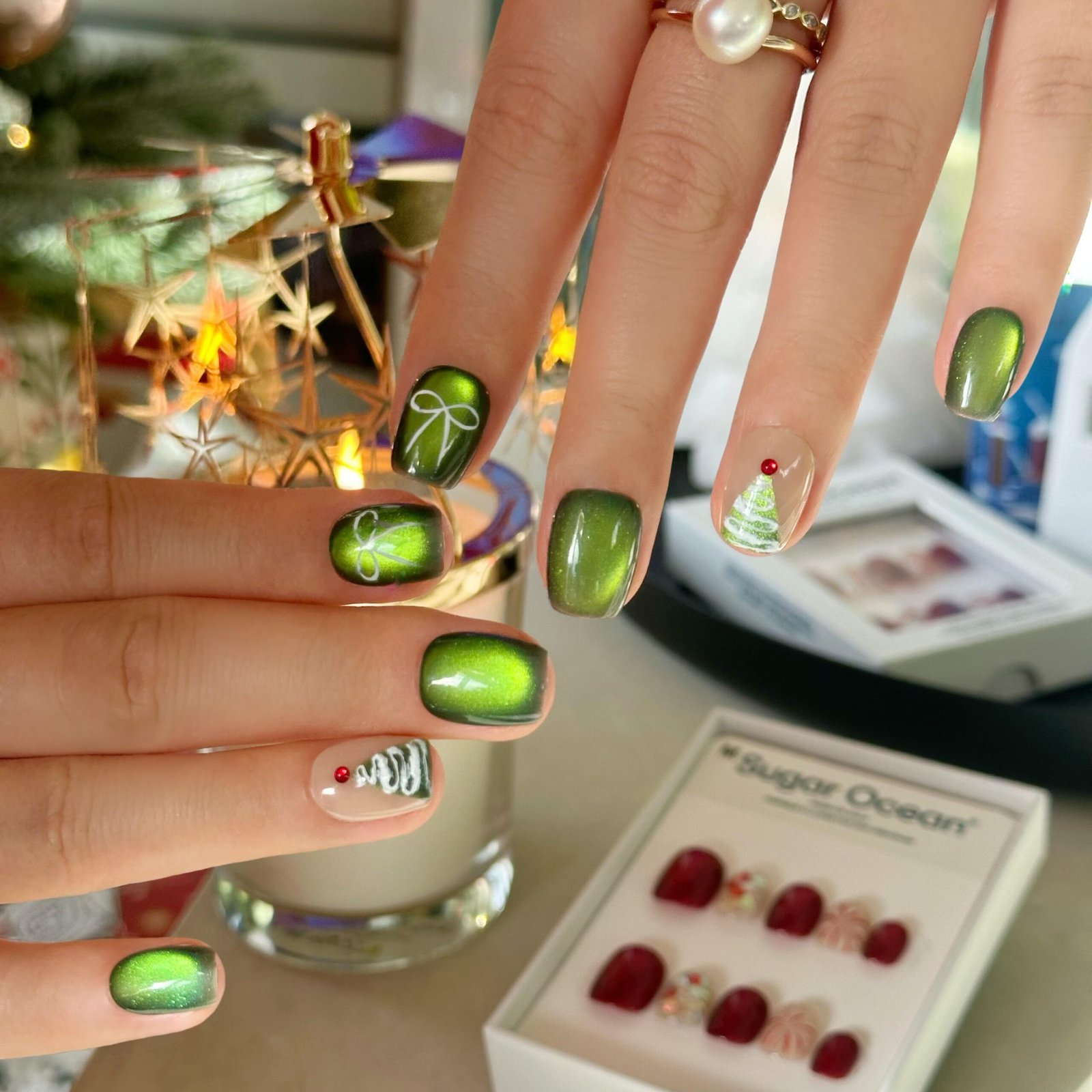 Shimmering Metallic Green Holiday — Short Christmas Nails 2026