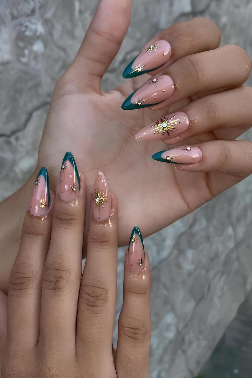 Teal Green French Tip Gold Star Nails Teal Green French Tip Gold Star Nails β Winter Birthday Nails