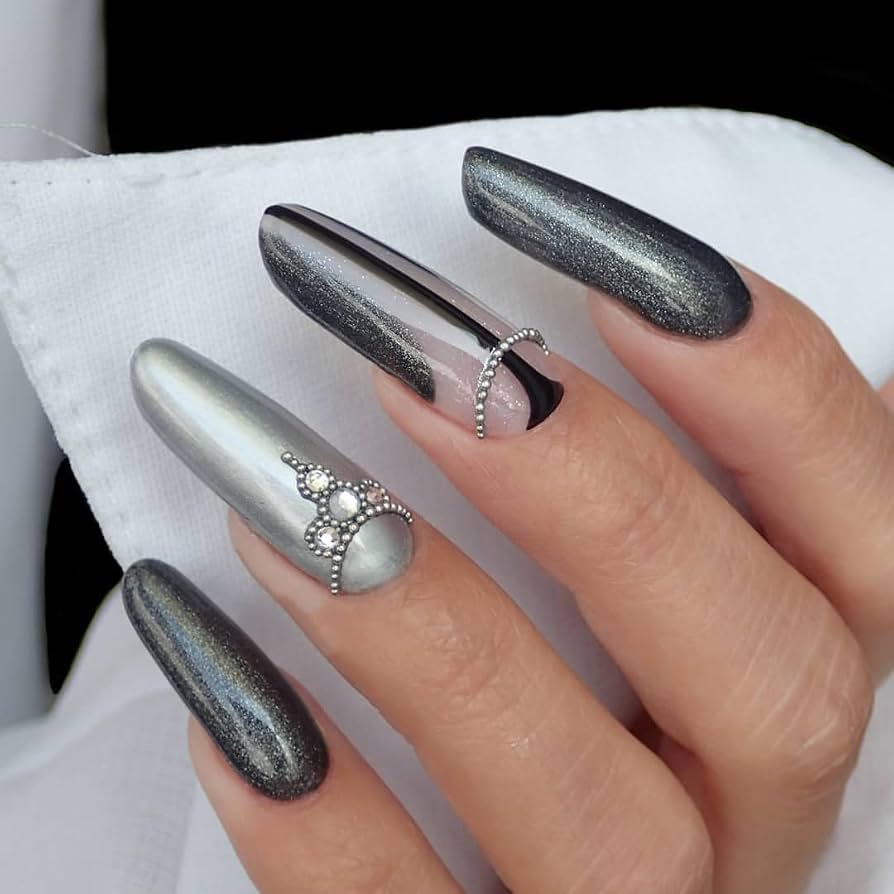 Mixed Finish Cat Eye with Rhinestones — Winter Cat Eye Nails