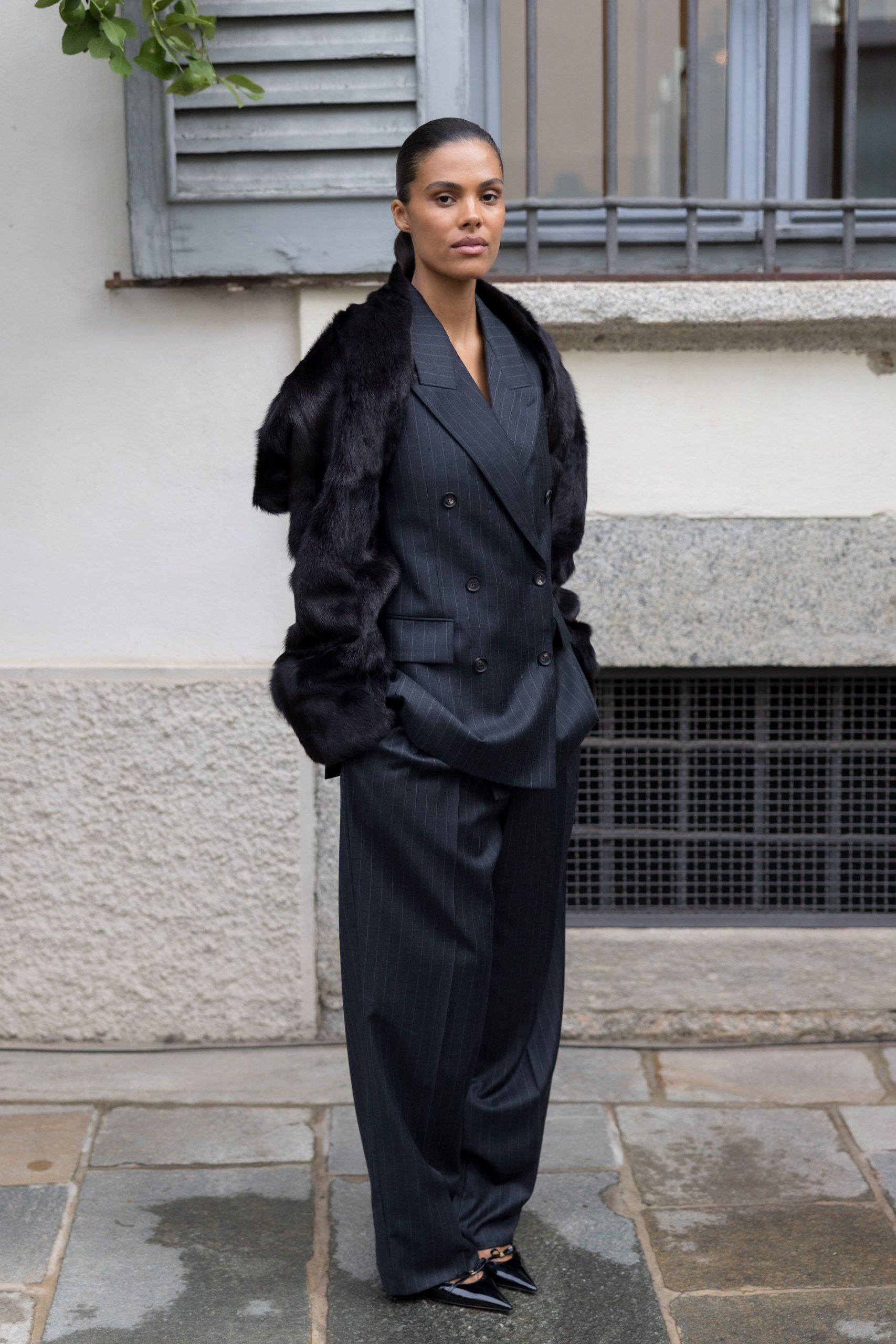 Sharp Pinstripe Suit with Dramatic Fur Stole — Cold Weather Outfits