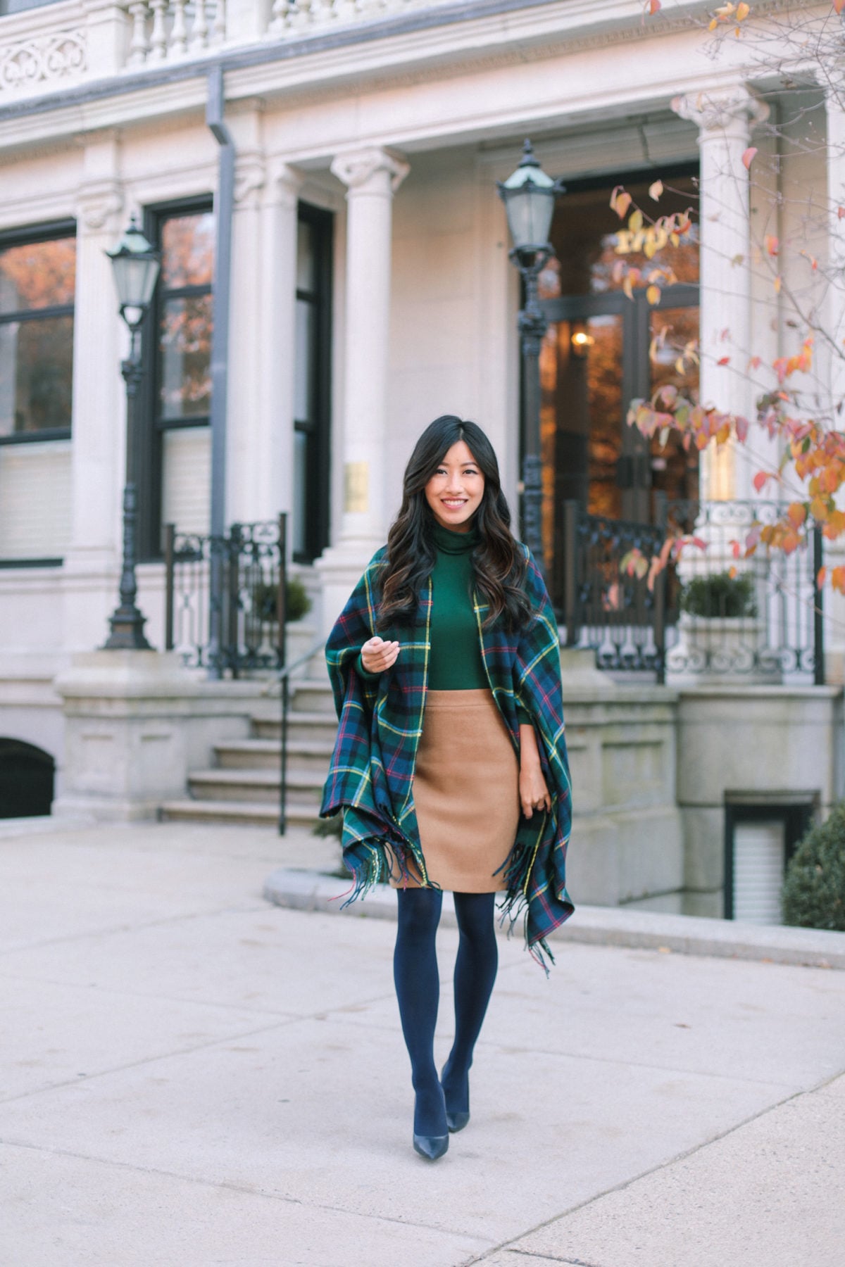 Plaid Poncho with Turtleneck and Pencil Skirt Plaid Poncho with Turtleneck and Pencil Skirt β Winter Outfits for Petite Women