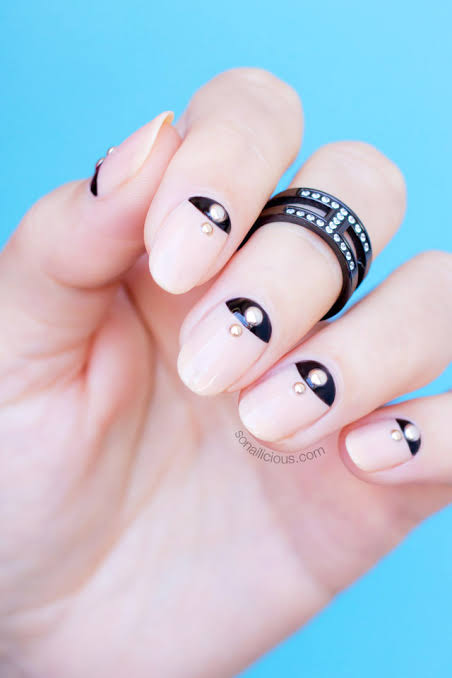 Nude with Black Half-Moon & Gold Beads — Minimalist New Years Nails 2027