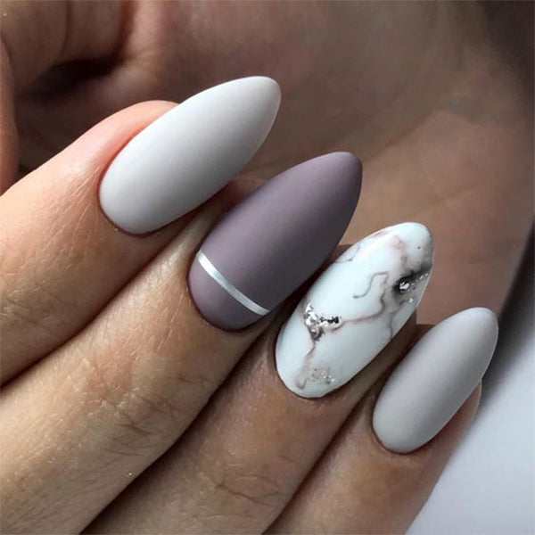 Matte Lilac and Grey Marble with Silver Accents — Winter Marble Nails