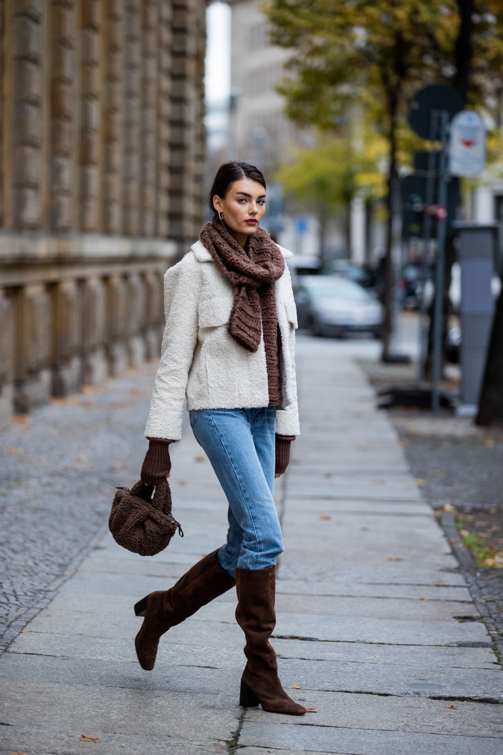 Cozy Winter Outfit: Textured Jacket, Knit Accessories, and Suede Boots — Winter Boots Outfits