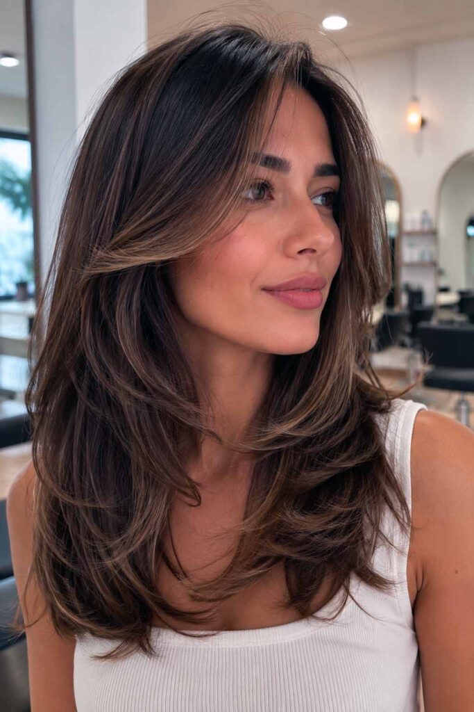 Mid-Back Straight Dark Brown With Balayage — Winter Shoulder Length Hairstyles