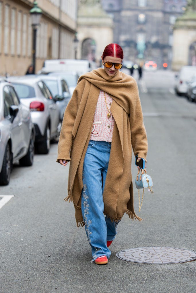 Camel Coat with Fringe and Embellished Jeans — Brown Coat Outfits