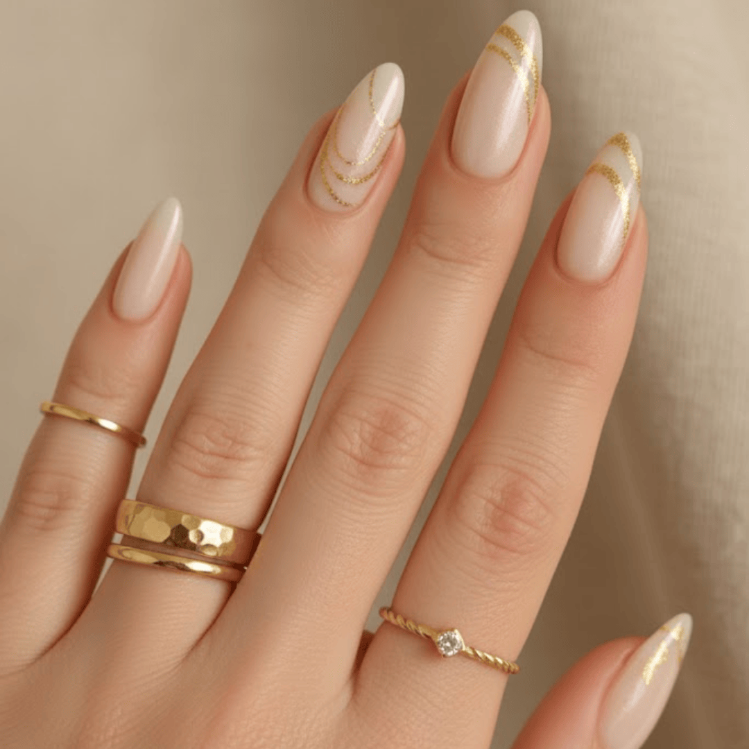 Sheer Milky White with Gold Foil Sheer Milky White with Gold Foil β Long Winter Almond Nails