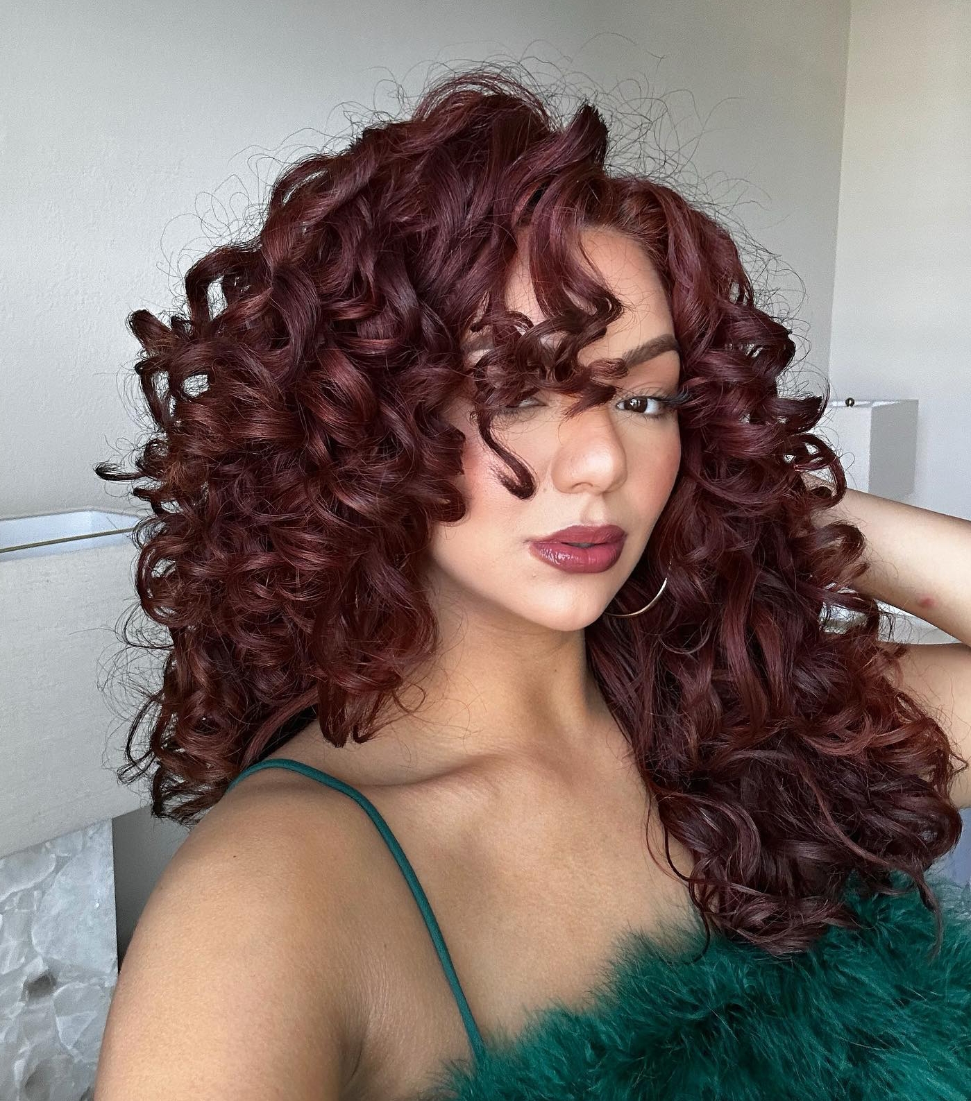 Vibrant Mahogany Lob With Curtain Bangs — Mahogany Hair Color