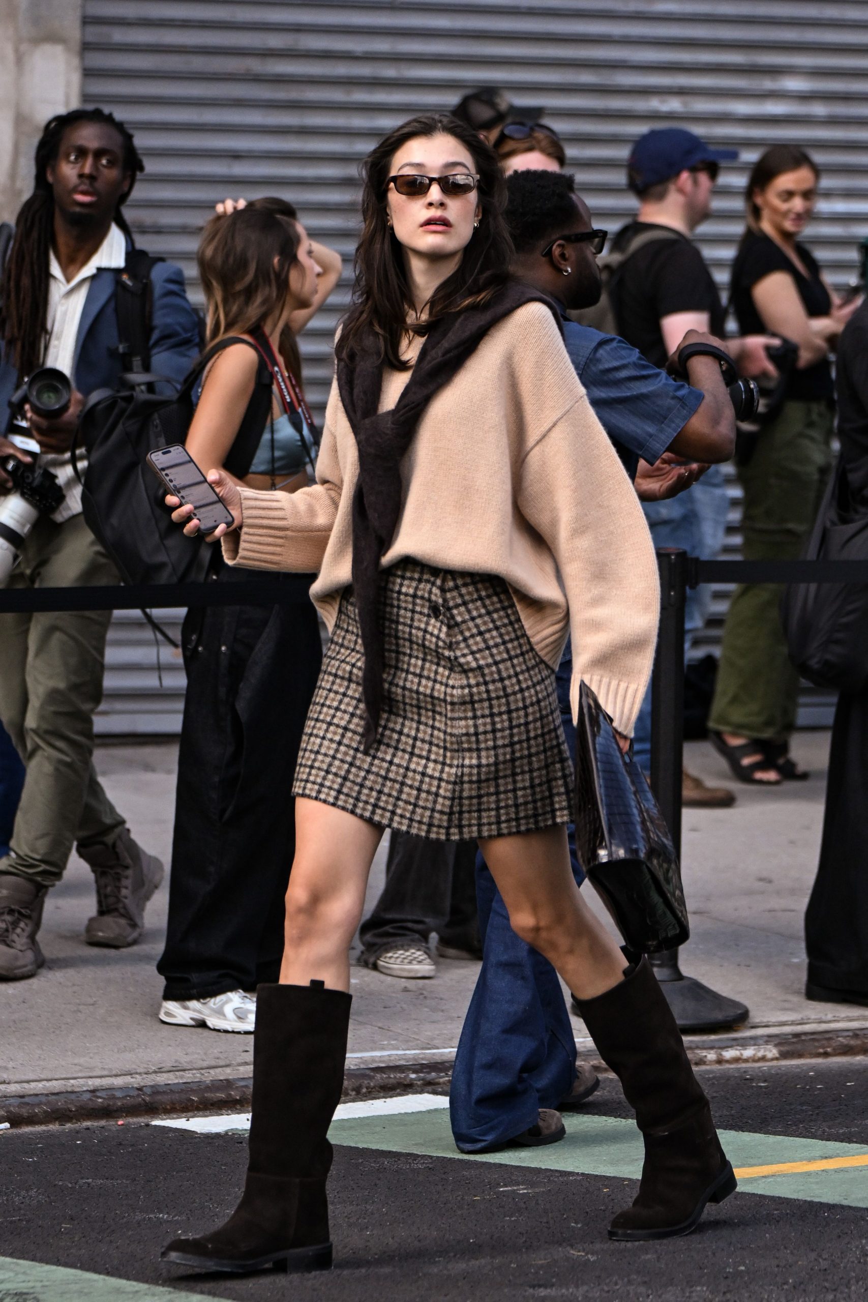 Oversized Sweater and Plaid Mini Skirt with Dark Brown Knee-High Boots — Over the Knee Boots Outfits