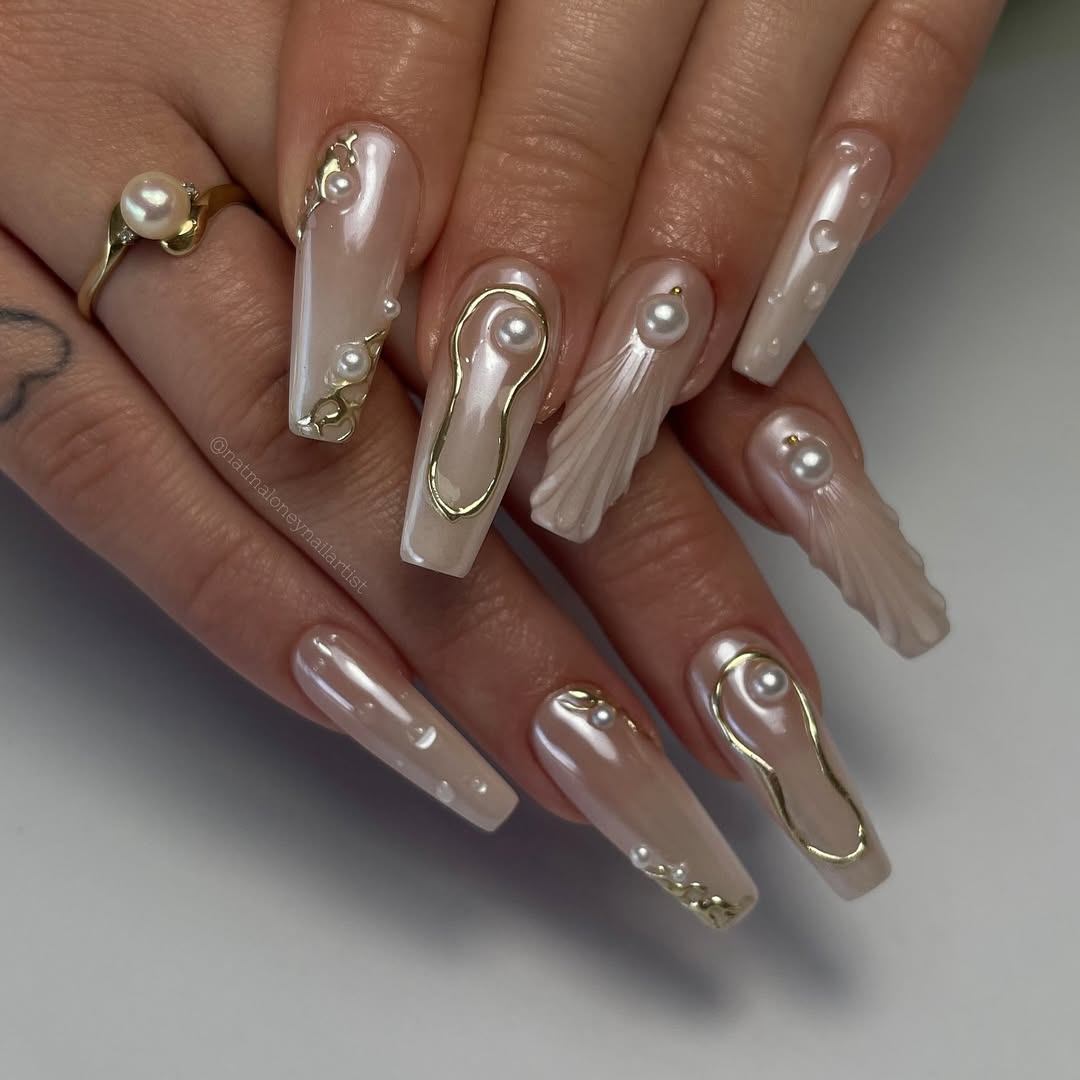 Opalescent Nude 3D Pearl Gold Coffin Nails Opalescent Nude 3D Pearl Gold Coffin Nails β Long Winter Coffin Nails