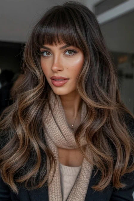 Mid-Back Shag with Full Fringe — Winter Haircuts for Wavy Hair