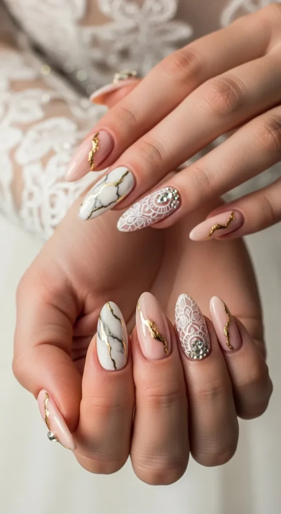 Long Almond Nude Lace Overlay Gold Foil Nails — Winter Wedding Guest Nails