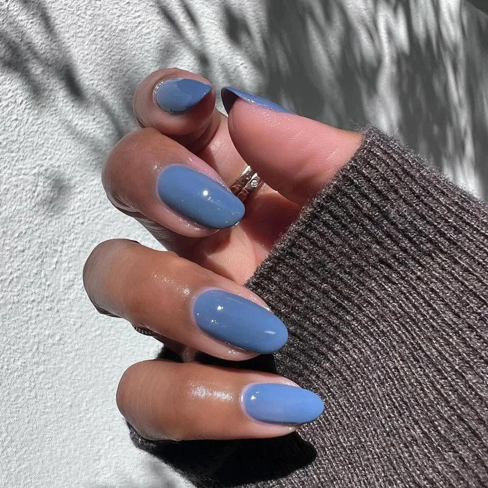 Muted Blue Glossy Oval Nails — New Years Gel Nails 2027